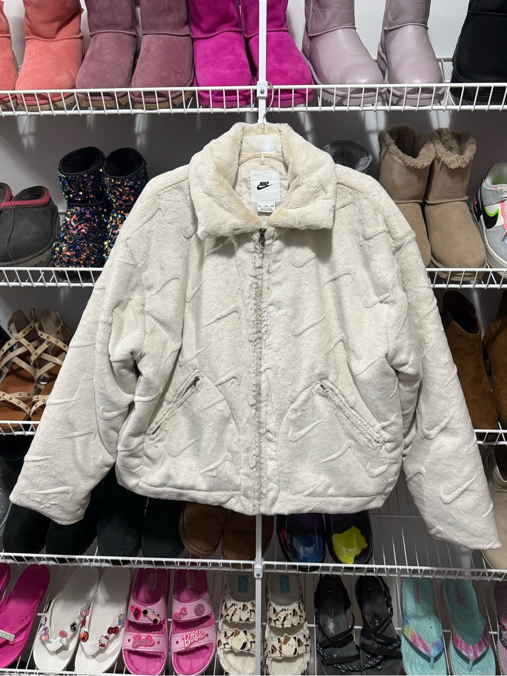 Nike Cream Faux Fur Swoosh Printed Jacket XXL